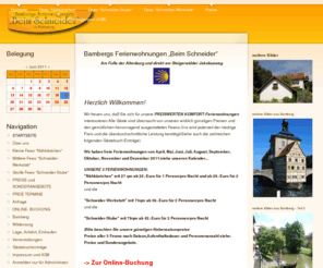 ferienwohnungen-bamberg.info: Bambergs Ferienwohnungen „Beim Schneider” | Beim Schneider
Ferienwohnung „Beim Schneider” in Wildensorg, Bamberg mit Parkplätzen, Garten und Kachelofen. Für Erkundungen im Weltkulturerbe Bamberg.