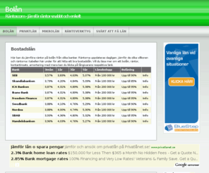 xn--rntor-gra.com: Jämför bolån, bostadslån snabbt och enkelt | Räntor.com
Hitta den lägsta bolåneräntan! Jämför bolåneräntor snabbt och enkelt på räntor.com