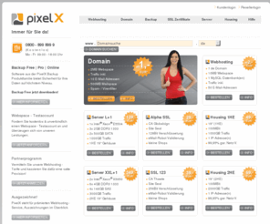 pixelx.org: Webhosting - Webspace - Domain - SSL-Zertifikate - www.PixelX.de
Webhosting - Webspace und Domain ab 1 EUR*/Monat. Registrieren Sie Ihre de Domain mit - E-Mail-Adressen - html - FTP - MySQL-Datenbank uvm.