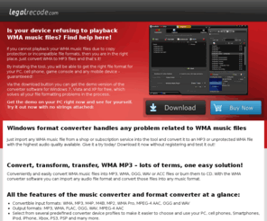 legalrecode.com: Legalrecode: Music Converter Tool, Format Converter, convert to, WMA to MP3, WMA to MP3, WMA to MP3
Audio Windows Converter Software converts WMA to MP3 files and solves as Music converter problems with copy protection with audio recording of WMA songs and saves music as MP3 tracks. 