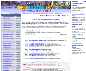top100realestate.org: TOP 100 REAL ESTATE SITES SORTED BY POPULARITY
The URLs of Real Estate sites were collected from Internet search and amount of mentions of site's address is used to create the rating. Add your site for free.